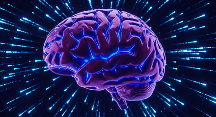 Purple brain model with blue light accents, set against a dark background with blue light streaks.  Represents intelligence, neural activity, and cognitive function.