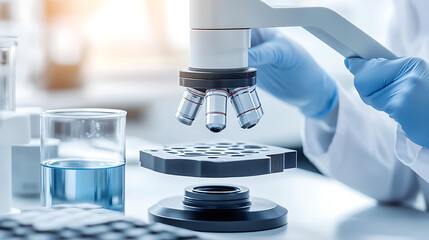 Scientist examining samples under a microscope in a laboratory setting