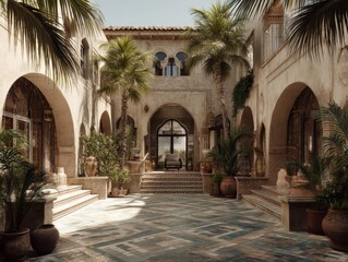 Naklejka premium A courtyard with a large archway and a staircase leading up to it. There are several potted plants and a few vases scattered throughout the area