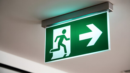 Emergency exit green sign with running man and arrow pointing right for safety and evacuation