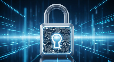 Cybersecurity padlock with circuit board design, set against an abstract blue digital background, symbolizing data protection and online safety