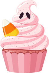 A spooky Halloween cupcake with pink frosting, a ghost-shaped topping holding candy corn, and a light pink wrapper.