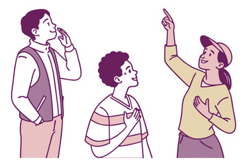 Flat illustration of four diverse people showing hand gestures. One person making OK sign, another with hand on chest, another touching cheek, and another pointing upward. 