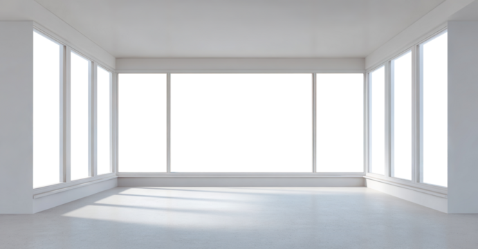 Modern bright empty room interior with large panoramic windows, isolated on transparent cutout background