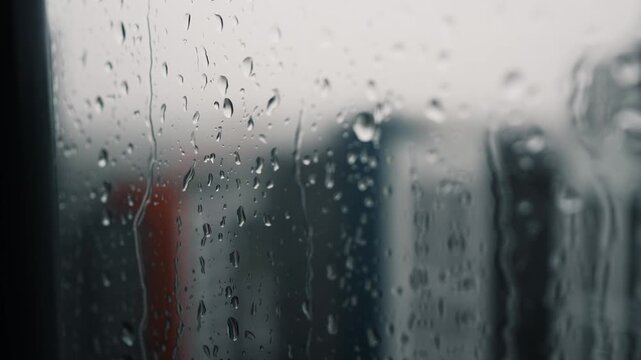 Raindrops trickle down a windowpane, blurring the view of a cityscape on a gray, rainy day, creating a melancholic and introspective atmosphere