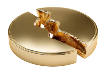 Closeup of gold blank coin split in half, isolated on transparent cutout background