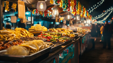 Fototapeta premium An assortment of authentic Mexican street food at night, colorful tacos, elotes, tamales served at festive stalls decorated with colorful garlands and lanterns, the atmosphere of Cinco de Mayo.