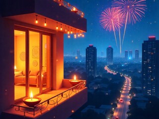 A vibrant Diwali-themed illustration featuring glowing oil lamps diyas floating on a river, a reflection of rangoli patterns on the water's surface, and fireworks