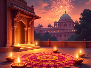 A vibrant Diwali-themed illustration featuring glowing oil lamps diyas floating on a river, a reflection of rangoli patterns on the water's surface, and fireworks