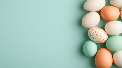 Pastel colored Easter eggs on a teal background with empty space on the left
