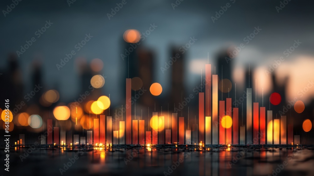 Poster a striking visualization of data with colorful bars against a blurred cityscape, showcasing a blend 