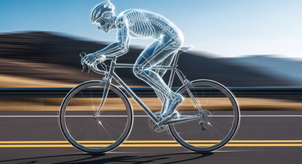 Fototapeta premium Cyclist riding bicycle with skeleton view on road