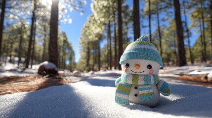 Cute Snowman Toy Smiling in Winter Snowy Pine Forest Setting