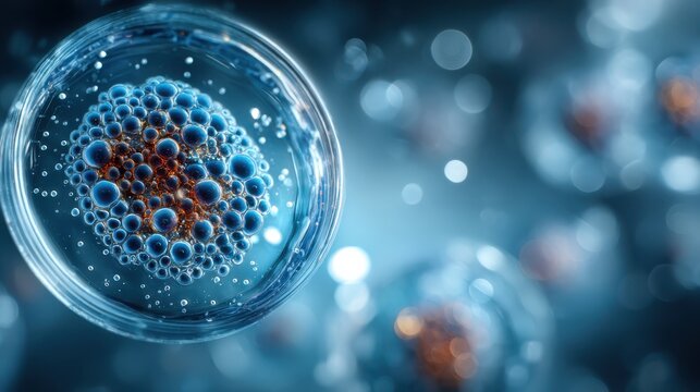 A detailed microscopic view of a cell, showcasing bubbles and intricate structures in a vibrant, blue-toned environment.