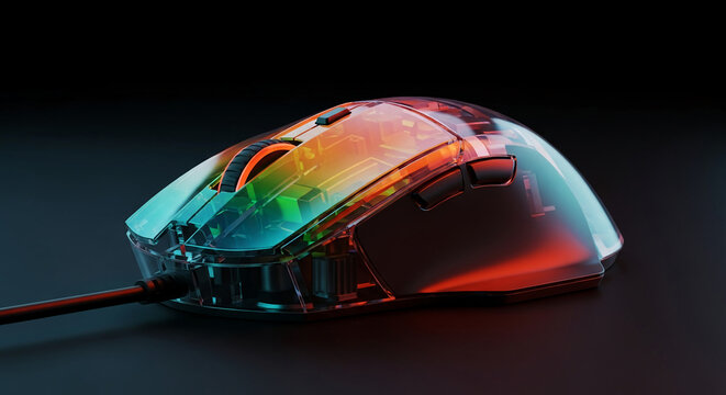 Transparent gaming mouse, showcasing internal components, illuminated with vibrant gradient lighting.  Represents technological innovation and high-performance gaming