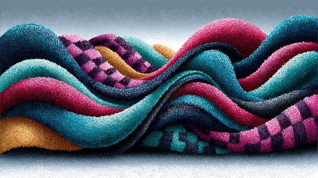 A retro-inspired doodle of glittery pink and turquoise waves and checkerboard patterns, with sharp vector precision and a high-shine finish.