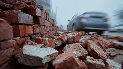 Damaged brick wall with debris