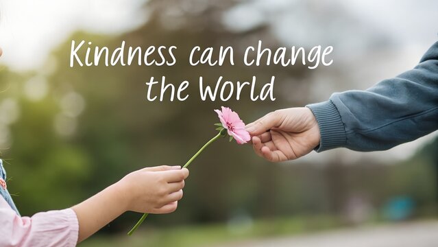 Inspirational quote about kindness with a child giving a flower to an adult.