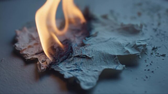 Burning dry leaf on gray surface with flames and ashes  