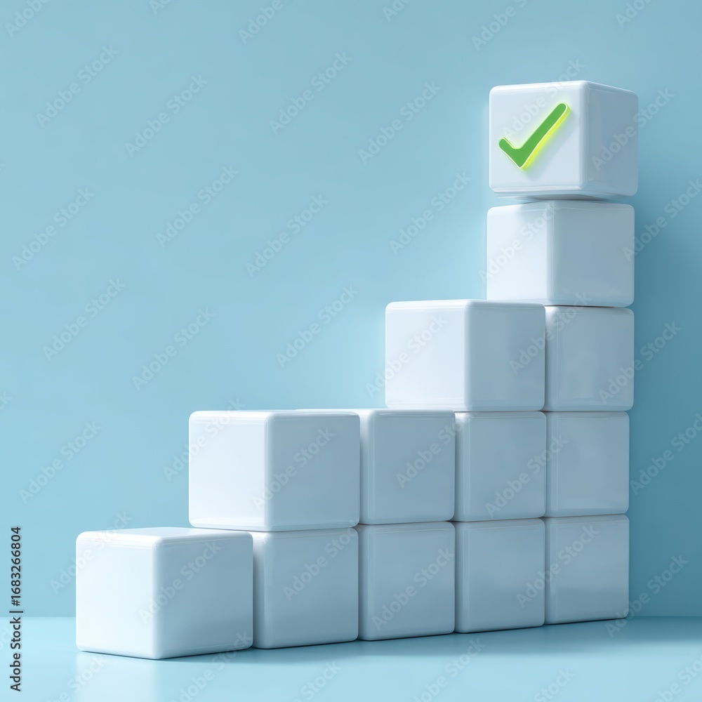 Poster ascending success: a 3d rendering shows a stack of white blocks forming a rising staircase, topped w