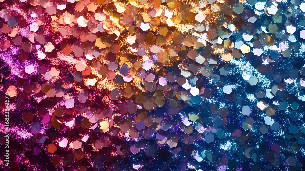 Poster Sparkling Sequins: A close-up view reveals an array of colorful, shimmering sequins arranged, creating a mesmerizing display of light and texture.