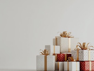 Gift of Joy: A beautifully stacked arrangement of wrapped gifts, adorned with elegant ribbons and bows, evokes anticipation and excitement, perfect for any celebratory occasion.