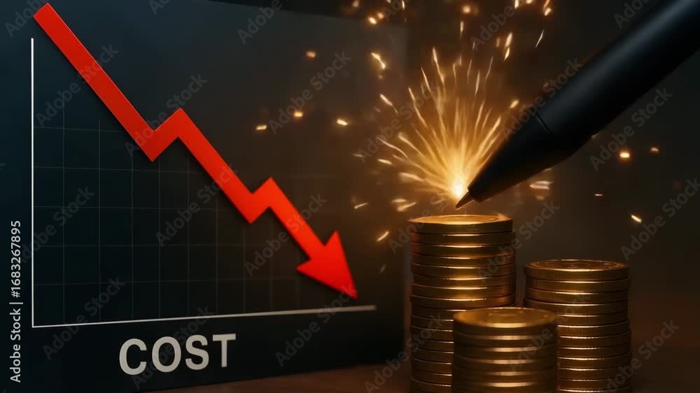 Poster cost reduction arrow with coin stack and sparks