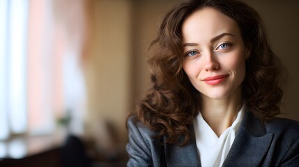 Fototapeta premium Confident businessperson in formal attire with a subtle smile, soft lighting highlighting professional demeanor.