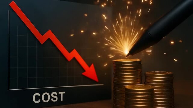 Cost Reduction Arrow with Coin Stack and Sparks