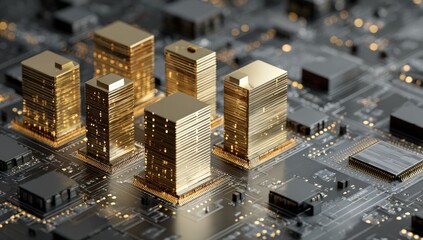 Golden skyscrapers on a circuit board