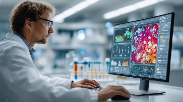 A scientist in a lab coat analyzes complex data on a computer screen, showcasing colorful scientific images and research.