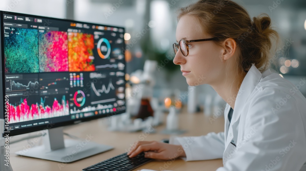 Poster a focused researcher analyzes complex data visualizations on a modern computer screen, showcasing vi