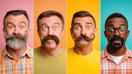 Four men display diverse facial hair styles and expressions against colorful backgrounds in a playful portrait session