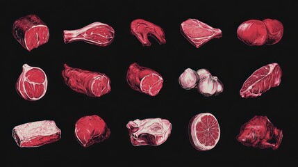 Assortment of raw meat cuts, including beef, pork, and lamb, displayed against a black background.