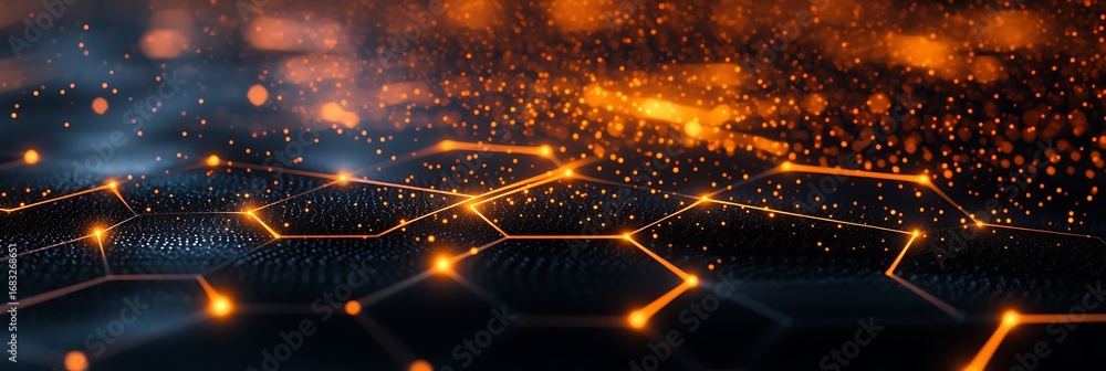 Poster digital universe: a vivid, technological abstract presents a complex network of illuminated hexagons