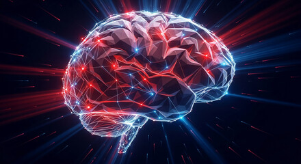 Low-poly brain model with glowing red and blue lines, set against a dark background, symbolizing intelligence, neural network, and technological advancement