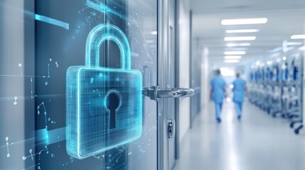 Digital padlock on hospital door; data security concept.