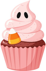 A decorative Halloween cupcake in a pink wrapper with swirled pink frosting topped by a cute ghost and a piece of candy corn.