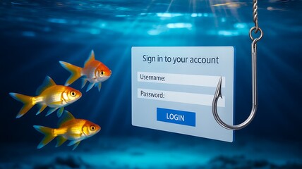 Phishing cyber attack concept with fish swimming around login form on fishing hook
