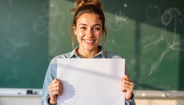 Young woman smiling while holding blank paper in classroom   - Powered by Adobe