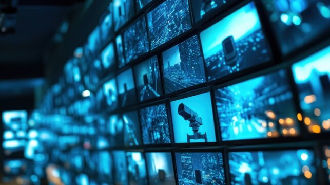 Wall of screens displaying various cityscapes, security footage, and other visuals in a blue hue. - Powered by Adobe