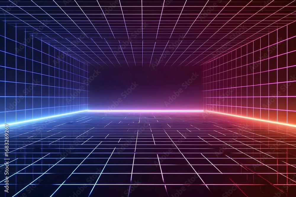 Poster a grid of neon lines on an empty background, creating the illusion that you can see into another wor