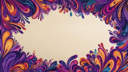 Intricate swirling patterns create a lively border of purple, orange, and teal, framing a soft neutral space perfect for text or design.