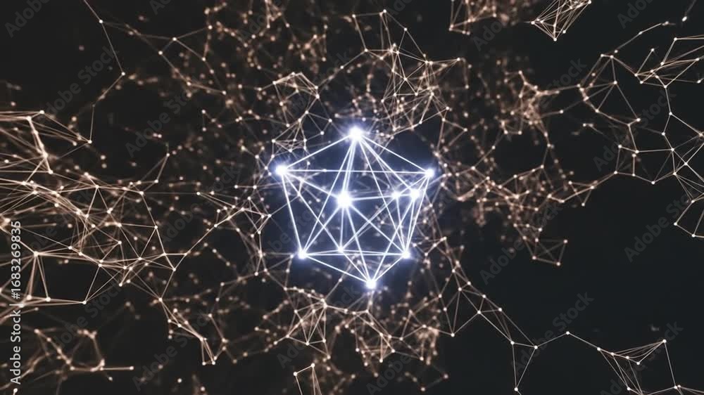 Poster abstract network with glowing sphere and interconnected polygonal mesh design on dark background for