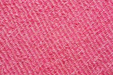 Close up of textured pink knitted fabric with visible yarn strands and weave