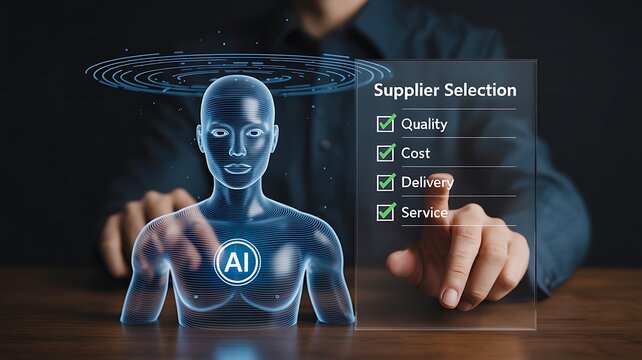 Artificial intelligence hologram showing supplier selection with business quality cost delivery and service concept
