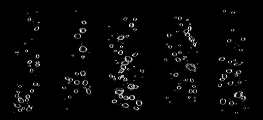 Clear water bubbles rising underwater on black background, abstract texture symbolizing freshness,...