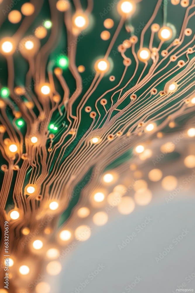 Poster abstract glowing circuit board patterns with warm lights and green accents on a dark green backgroun
