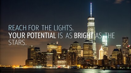 Inspirational Quote Over New York City Skyline at Night.