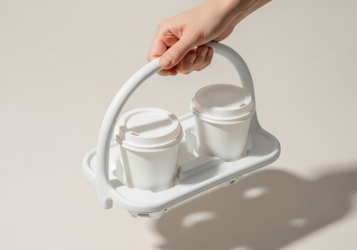 White disposable coffee cups carrier held by hand against a light beige background simple design two cups on a tray modern and minimalist